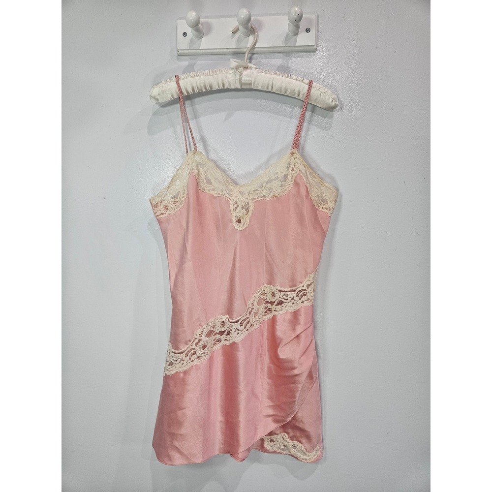 Victoria's Secret Pink Satin Lace Trim Chemise Nightgown Braided Straps Medium